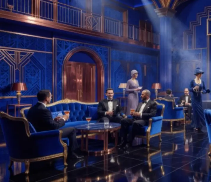 Art deco stílusú rendezvény arany és kobaltkék fényekkel