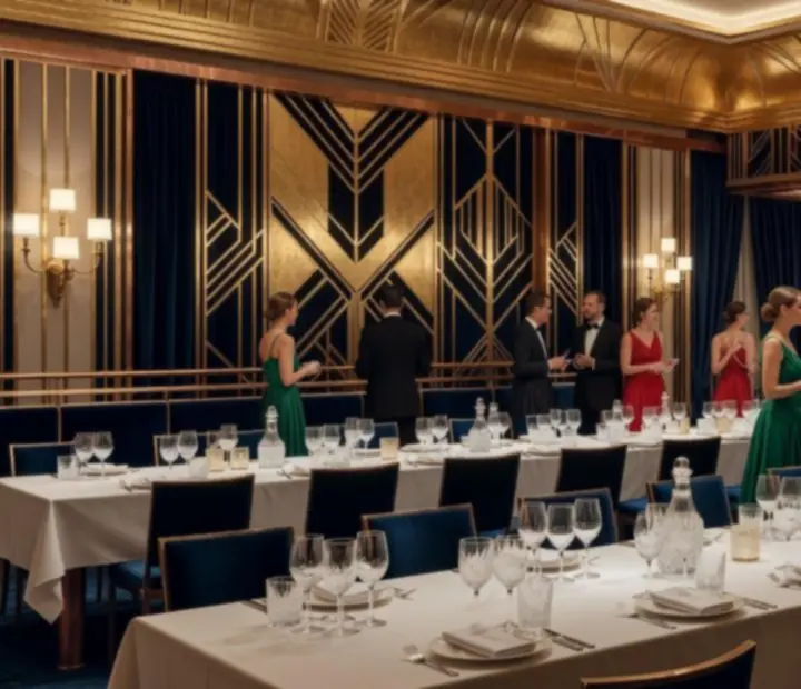 Art deco tematikájú gálaest geometrikus fényekkel és elegáns asztaldekorral Budapesten