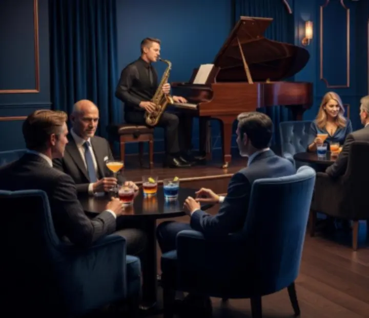 Jazz ihlette születésnapi lounge est bársonyfotelekkel és kék neonfényekkel