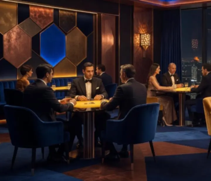 Casino ihletésű esti hangulat szimbolikus zsetonokkal és dekorációval