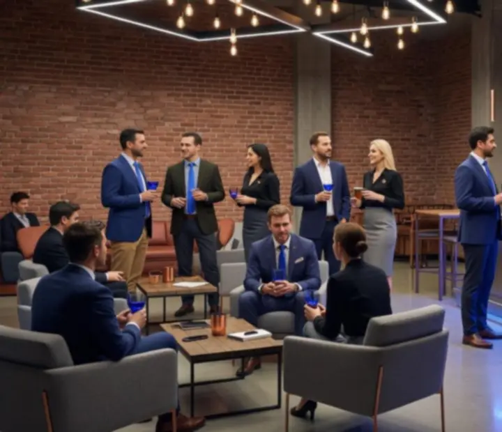 Céges networking est industrial loft térben, modern bárpulttal és geometrikus fényinstallációkkal