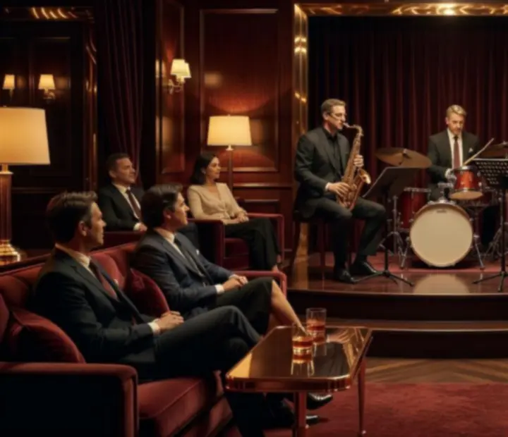 Bársonyos jazz lounge este kék és borostyán fényekkel