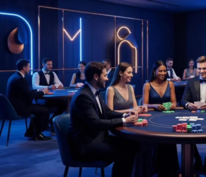 Modern, sötétkék fénnyel megvilágított casino-hangulatú offline est szimbolikus zsetonokkal