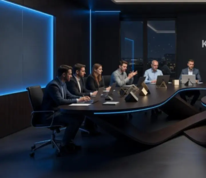 Hangulatos, modern iroda esti fényekkel, ahol a Gourmet Districtt csapata dolgozik